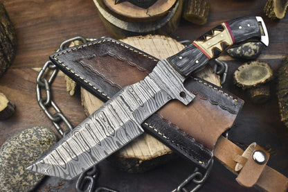 Handmade Twist Damascus Tracker Knife | Bone & Wood Handle | EDC Survival
