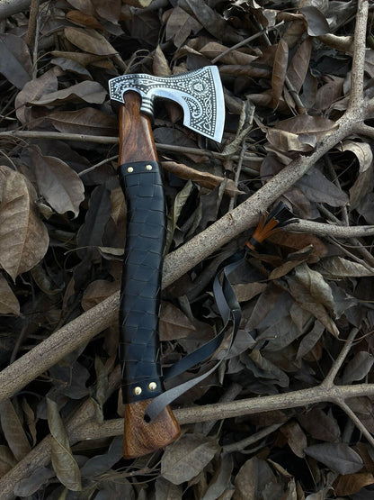 Handmade Viking Axe 18 Inch Hand Forged Carbon Steel with Leather Wrapped Rosewood Handle