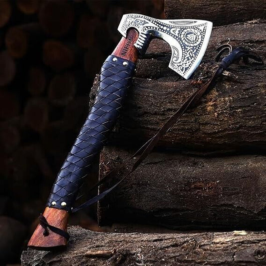 Handmade Viking Axe Hatchet – 20" Russian Valknut Throwing Axe with Rosewood Handle & Leather Sheath
