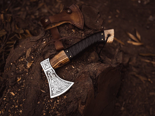 Handmade Viking Forged Carbon Steel Throwing Axe with Wood Handle and Cow Leather Sheath