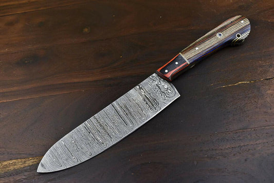 Handmade Wild Life Damascus Steel Hunting & Chef Knife with Hard Wood Handle, 7.6-Inch Blade, 13.4-Inch Overall, Wooden Bolster, Full Tang, Oil-Tempered 58-60 HRC