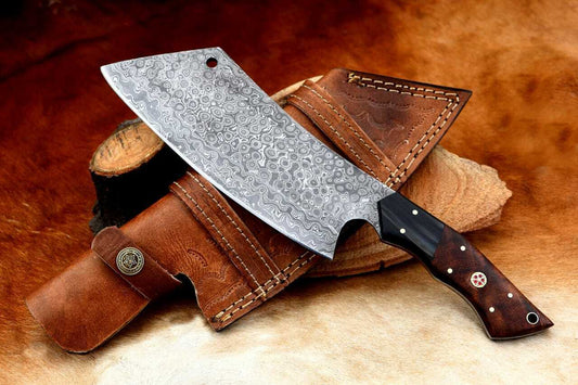 Heavy Duty Handmade Damascus Steel Chef Knife – Meat Cleaver, Butcher Chopper with Leather Sheath