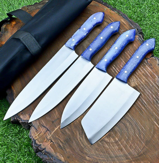4 PCS Heritage Forge J2 Steel Handmade Chef Knife Set with Roll Bag