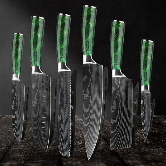 Heritage Forge 6-Piece Japanese Chef Knife Set – Green Laser Damascus Pattern with Scabbard