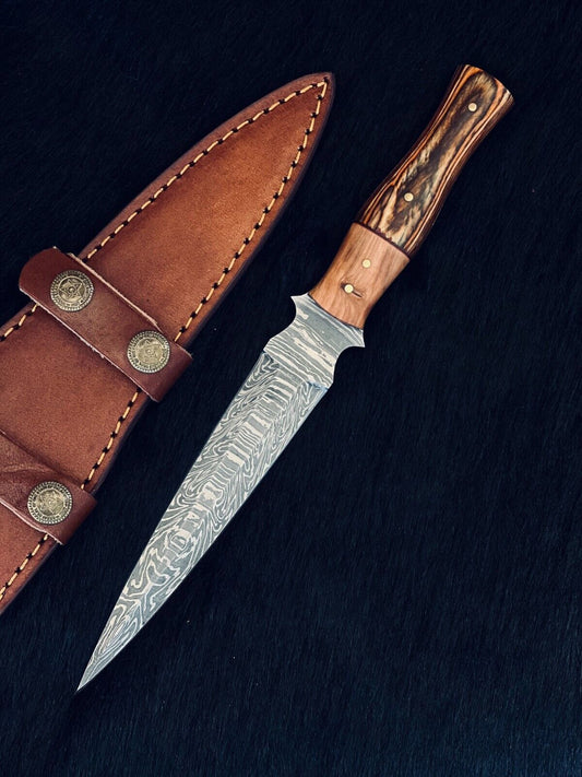 Heritage Forge 10.5 Inch Custom Handmade Fire Damascus Steel Dagger Knife with Camel Bone and Wood Handle