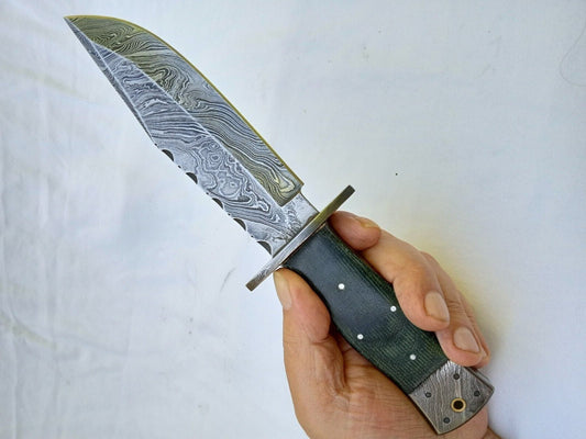 Heritage Forge 10.5 Inch Damascus Steel Bowie Knife with Micarta Handle Full Tang + Leather Sheath