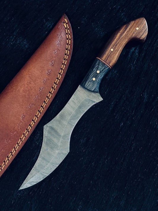 Heritage Forge 10.5 Inch Fire Damascus Steel Hunting Knife with Camel Bone and Wood Handle