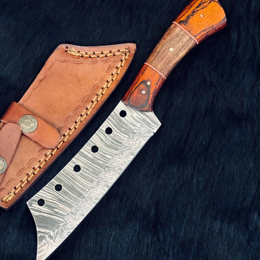 Heritage Forge 10.5 Inch Fire Damascus Steel Machete Knife with Camel Bone and Wood Handle