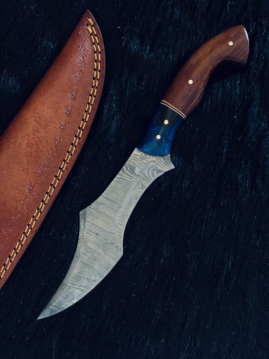 Heritage Forge 10.5 Inch Fire Damascus Steel Skinner Hunting Knife with Camel Bone and Natural Wood Handle