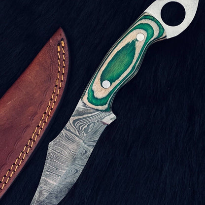 Heritage Forge 10.5 Inch Twist Damascus Steel Bowie Knife with Camel Bone and Wood Handle