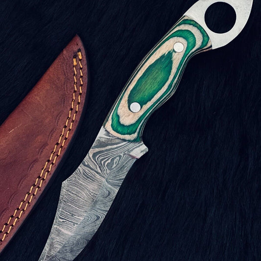 Heritage Forge 10.5 Inch Twist Damascus Steel Bowie Knife with Camel Bone and Wood Handle