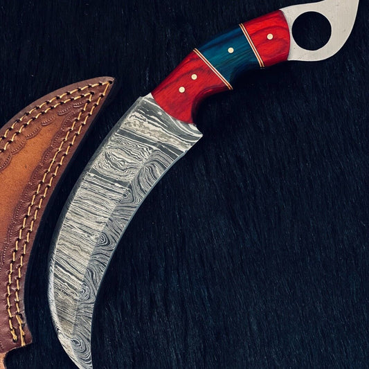 Heritage Forge 10.5 Inch Twist Damascus Steel Karambit Hunting Knife with Camel Bone and Wood Handle