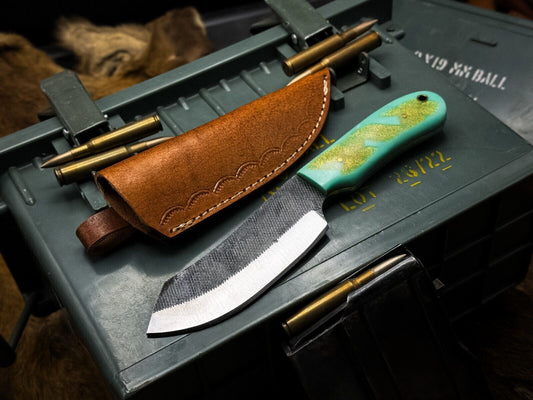 Heritage Forge 1095 Carbon Steel Hunting Knife with Epoxy Resin Handle and Leather Sheath
