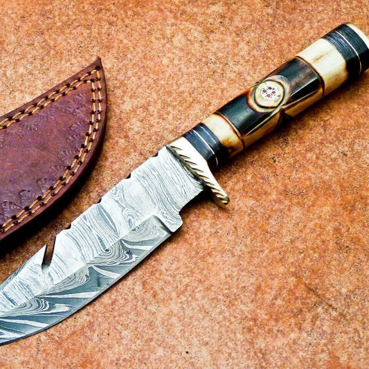 Heritage Forge 10" Damascus Steel Gut Hook Hunting Knife | Burnt Camel Bone Handle