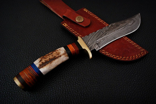 Heritage Forge 10 Inch Custom Damascus Hunting Knife with Stag Antler Handle