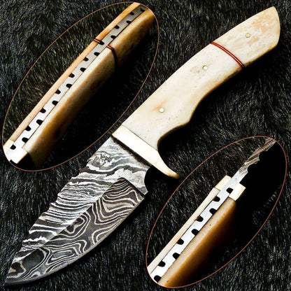 Heritage Forge 10 Inch Damascus Bowie Knife with Camel Bone Handle and Brass Bolster