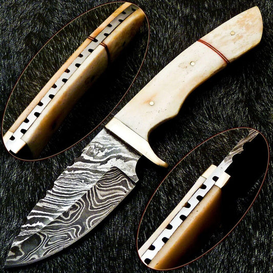 Heritage Forge 10 Inch Damascus Bowie Knife with Camel Bone Handle and Brass Bolster