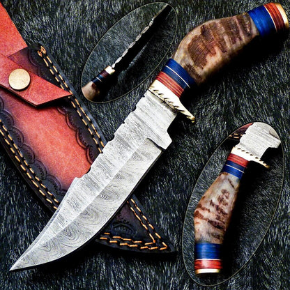 Heritage Forge 10 Inch Damascus Bowie Knife with Ram Horn and Hardwood Handle