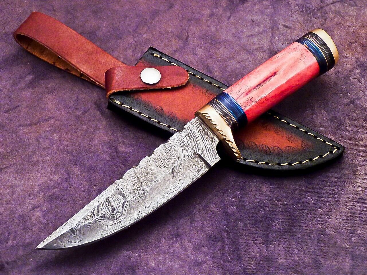 Heritage Forge 10 Inch Damascus Camping Hunting Knife with Camel Bone and Hardwood Handle