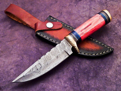 Heritage Forge 10 Inch Damascus Camping Hunting Knife with Camel Bone and Hardwood Handle
