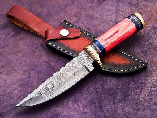 Heritage Forge 10 Inch Damascus Camping Hunting Knife with Camel Bone and Hardwood Handle