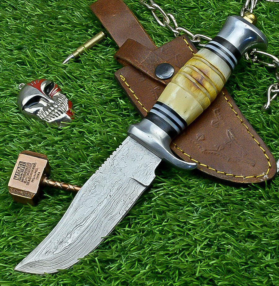 Heritage Forge 10 Inch Damascus Steel Bowie Knife with Bone Handle | Hand Forged Hunting Camping Knife
