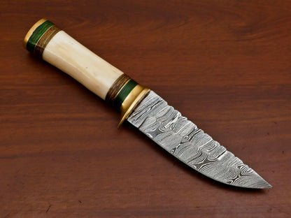 Heritage Forge 10 Inch Damascus Steel Bowie Knife with Camel Bone and Pakka Wood Handle for Hunting and Camping