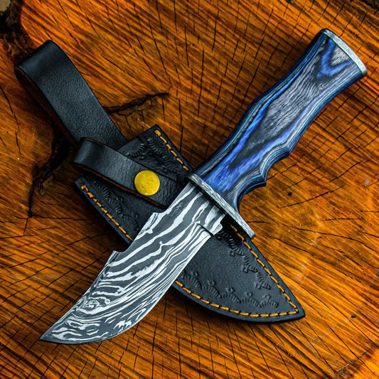 Heritage Forge 10 Inch Damascus Steel Bowie Knife with Polished Wood Handle