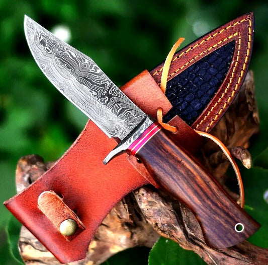 Heritage Forge 10 Inch Damascus Steel Bushcraft Knife with Rosewood Handle and Leather Sheath for Hunting and Survival