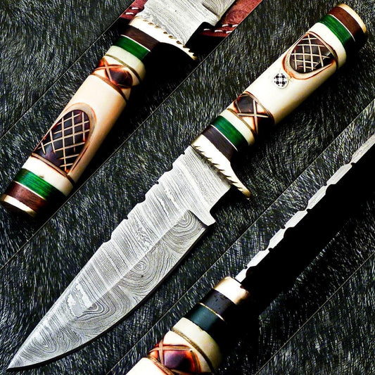Heritage Forge 10 Inch Damascus Steel Camping Hunting Knife with Camel Bone Handle