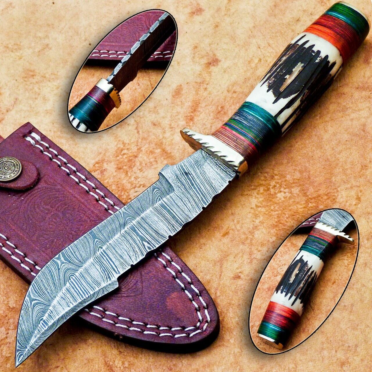 Heritage Forge 10 Inch Damascus Steel Camping Knife with Stag and Wood Handle
