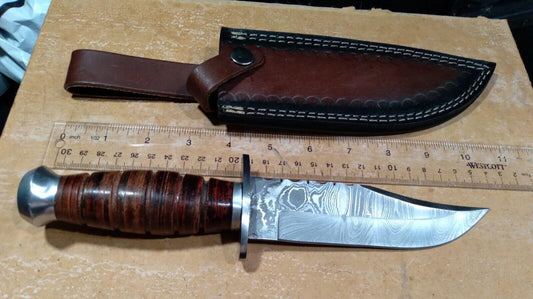 Heritage Forge 10 Inch Damascus Steel Fixed Blade Bowie Knife with Lathed Wood Handle and Leather Sheath