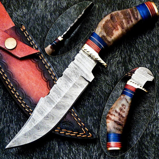 Heritage Forge 10 Inch Damascus Steel Hunting Bowie Knife with Ram Horn and Hardwood Handle