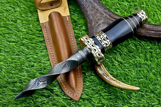 Heritage Forge 10 Inch Damascus Steel Kris Dagger knife with Bull Horn Handle for Hunting and Camping