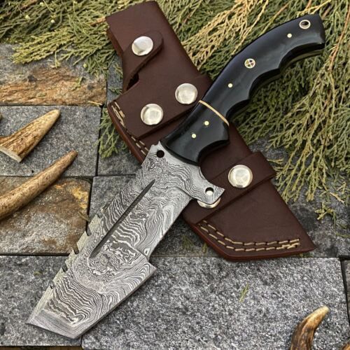 Heritage Forge 10 Inch Damascus Steel Tracker Knife with Buffalo Horn Handle and Leather Sheath