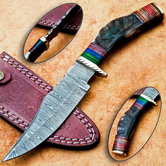 Heritage Forge 10 Inch Handmade Damascus Hunting Knife with Ram Horn and Hardwood Handle