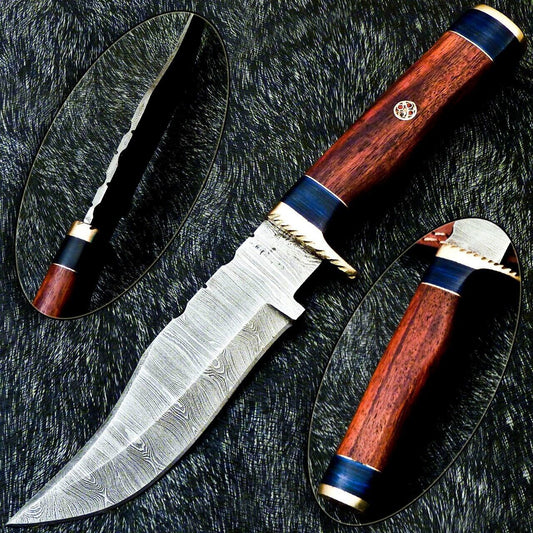 Heritage Forge 10 Inch Handmade Damascus Steel Bowie Hunting Knife with Wood and Brass Handle