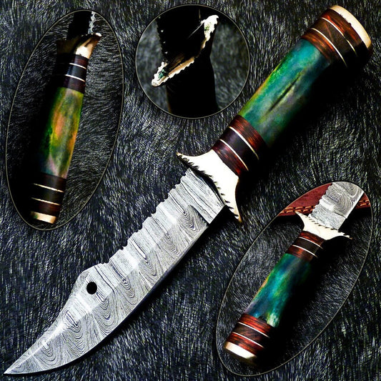 Heritage Forge 10 Inch Handmade Damascus Steel Camping Bowie Knife with Camel Bone and Hardwood Handle