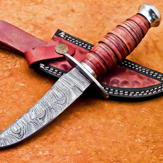Heritage Forge 10 Inch Handmade Damascus Steel Camping and Hunting Knife with Leather Handle and Sheath