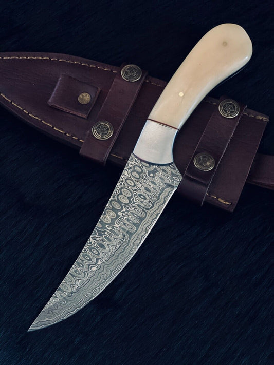 Heritage Forge 10 Inch RainDrop Damascus Skinner Knife with Camel Bone and Wood Handle
