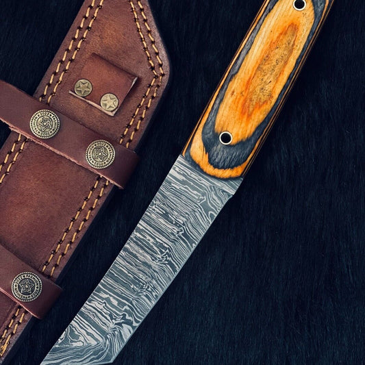 Heritage Forge 10 Inch Twist Damascus Tanto Hunting Knife with Camel Bone and Wood Handle
