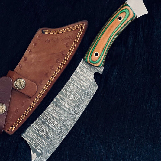 Heritage Forge 11.5 Inch Fire Damascus Steel Machete Knife with Camel Bone and Wood Handle