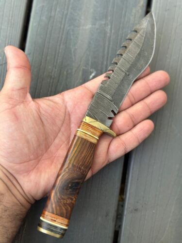 Heritage Forge 11 Inch Damascus Kukri Bowie Knife with Wooden Handle and Leather Sheath for Hunting and Tactical Use