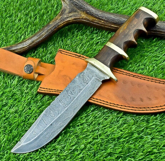 Heritage Forge 11 Inch Damascus Steel Bowie Knife with Natural Wood Handle for Hunting and Camping