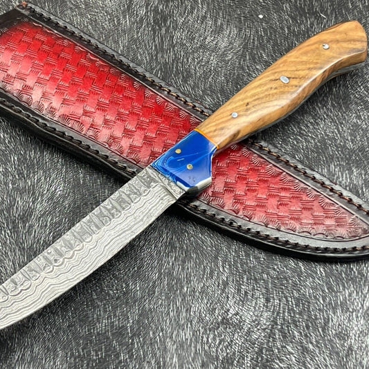 Heritage Forge 11 Inch Damascus Steel Hunting Bowie Knife with Olive Wood and Resin Handle