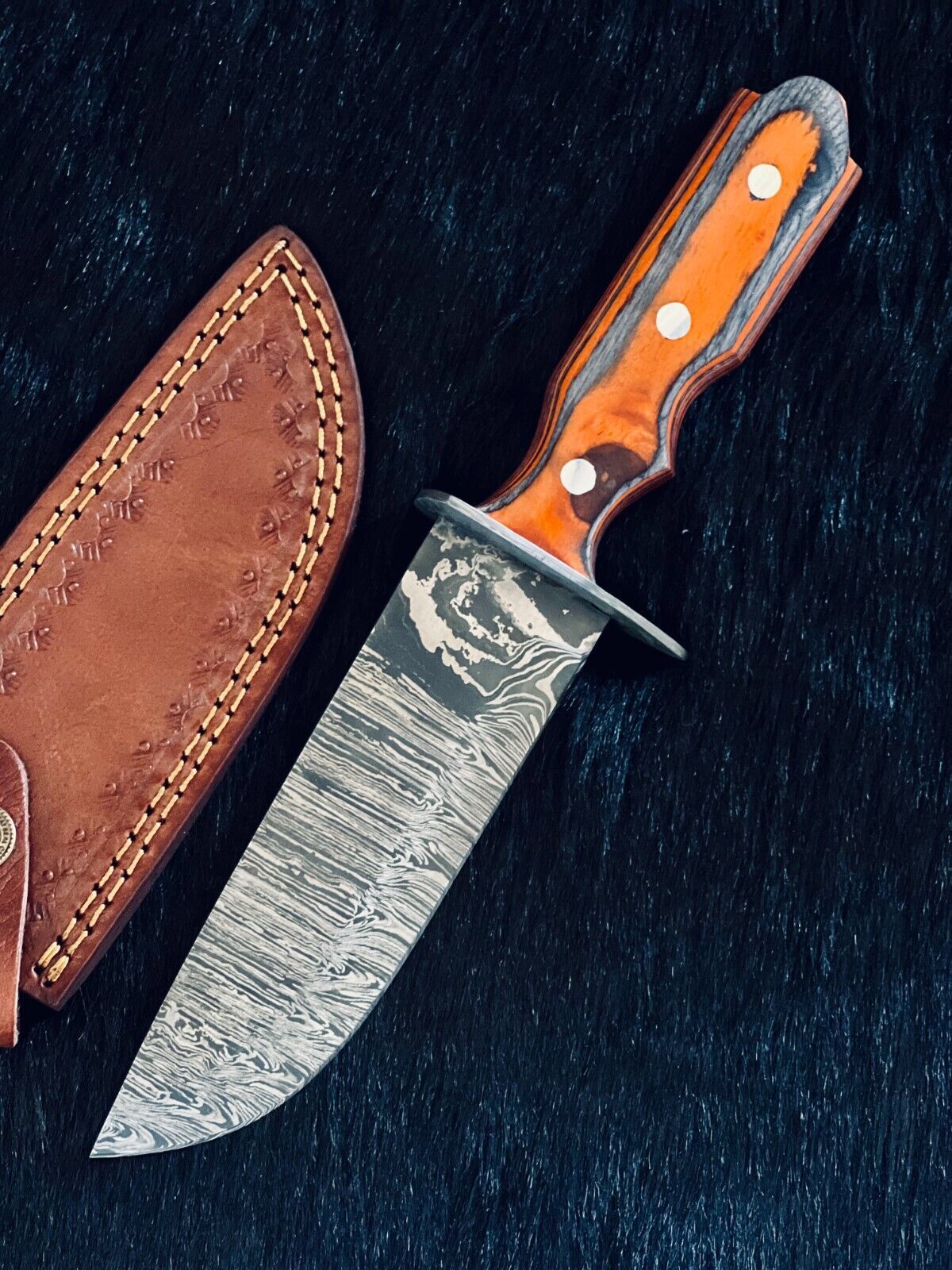 Heritage Forge 11 Inch Fire Damascus Hunting Knife with Camel Bone and Wood Handle