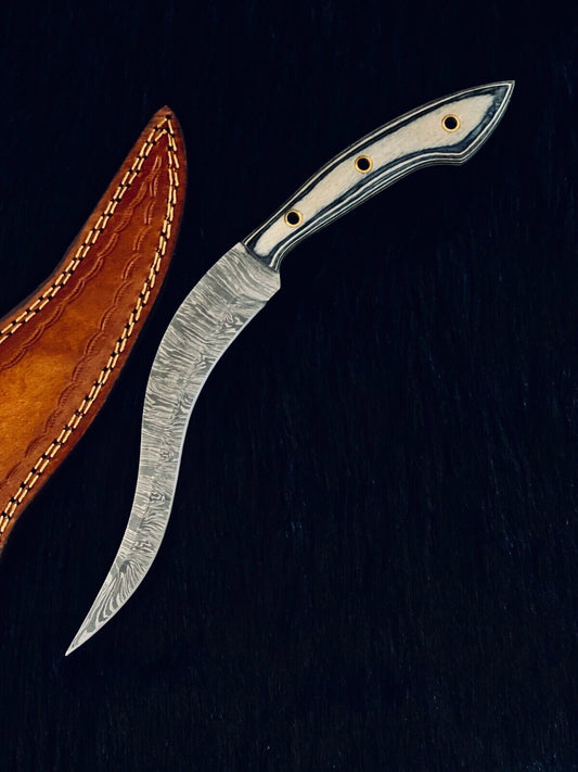 Heritage Forge 11 Inch Fire Damascus Skinner Knife with Camel Bone and Wood Handle