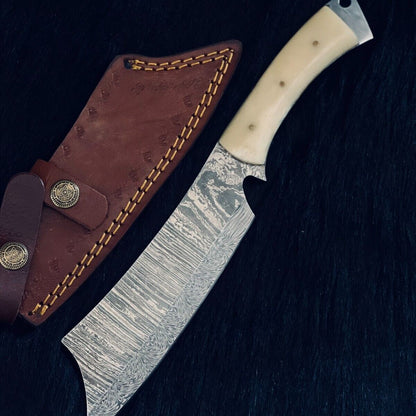 Heritage Forge 11 Inch Fire Damascus Steel Machete Knife with Camel Bone and Wood Handle