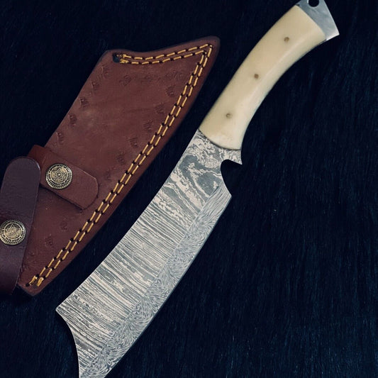 Heritage Forge 11 Inch Fire Damascus Steel Machete Knife with Camel Bone and Wood Handle