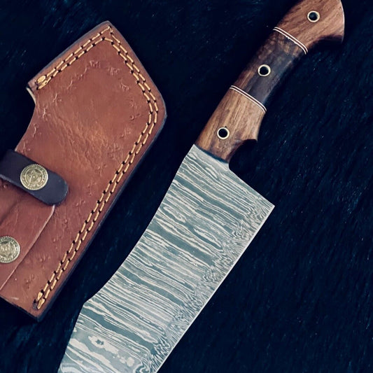 Heritage Forge 11 Inch Handmade Damascus Cleaver Knife with Camel Bone and Wood Handle